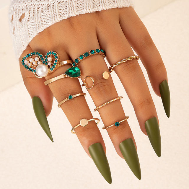 8pcs green color rhinestone butterfly stackable rings