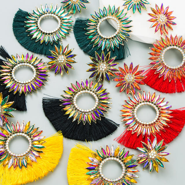 Boho color glass crystal statement sunflower rope tassel earrings