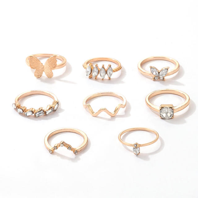 8pcs gold color butterfly rhinestone stackable rings