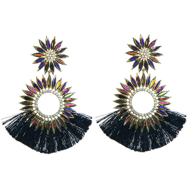 Boho color glass crystal statement sunflower rope tassel earrings