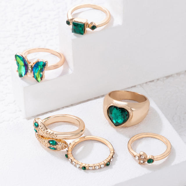 6pcs green color rhinestone butterfly stackable rings
