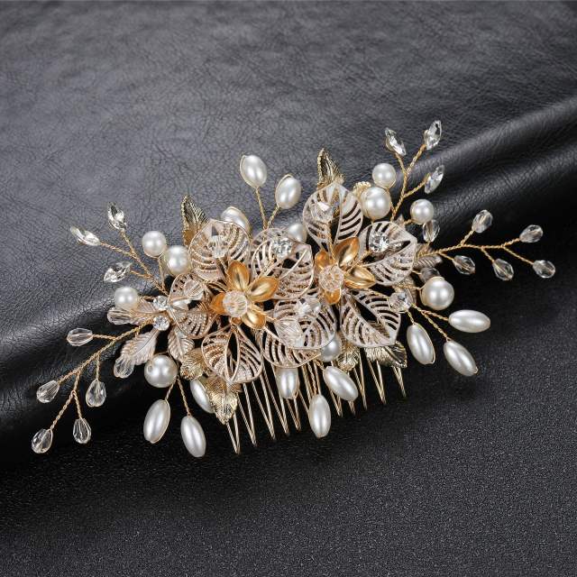 Elegant hollow metal flower pearl beads wedding hair combs