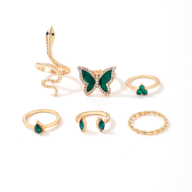 6pcs green butterfly alloy stackable rings