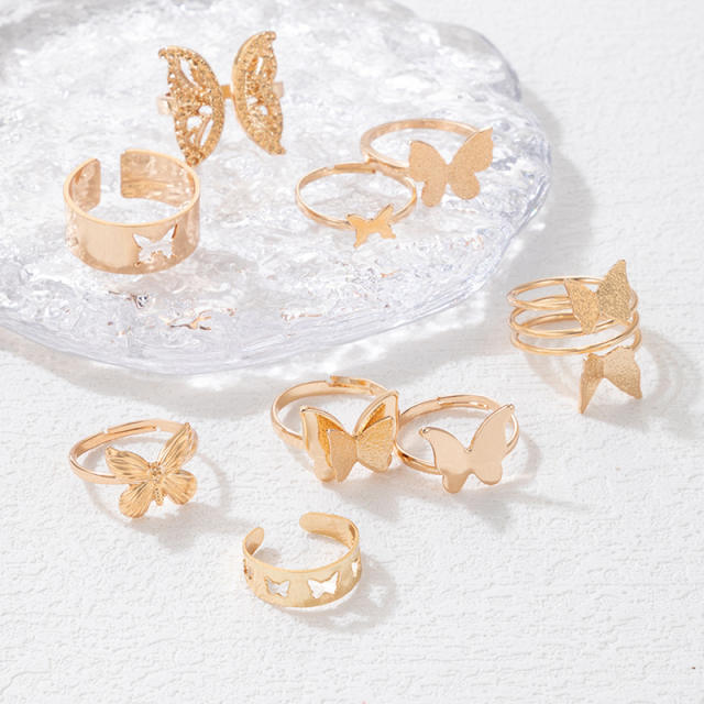 9pcs gold color alloy butterfly stackable rings