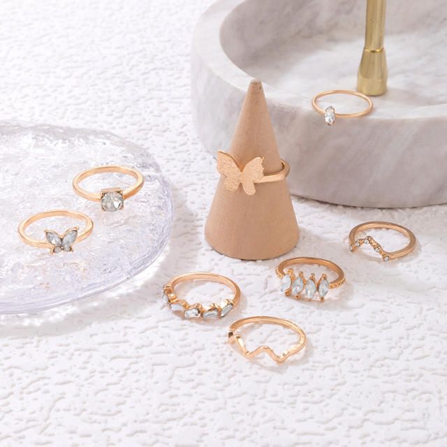 8pcs gold color butterfly rhinestone stackable rings