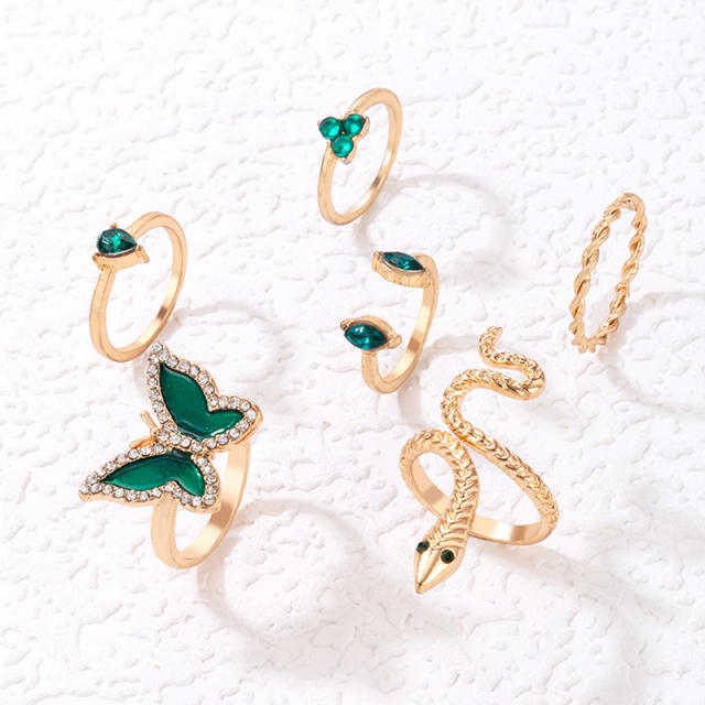 6pcs green butterfly alloy stackable rings