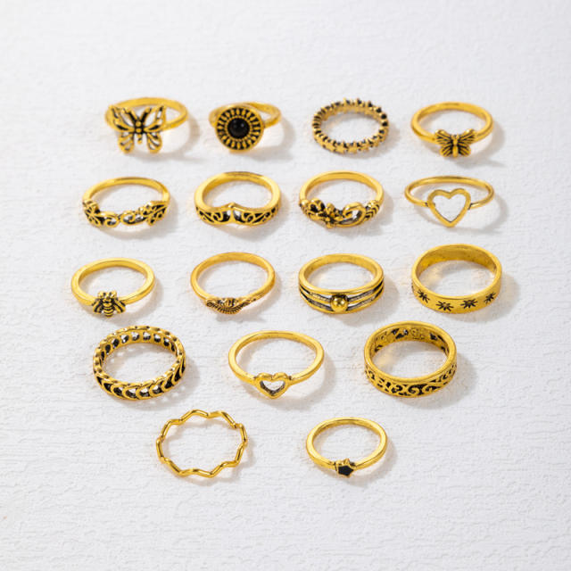 17pcs Vintage gold color butterfly stackable rings