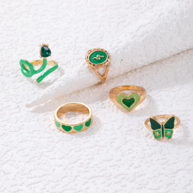5pcs green color enamel heart stackable rings