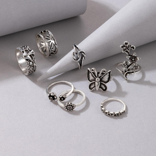 8pcs Vintage silver color butterfly flower stackable rings