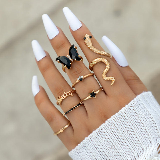 7pcs black butterfly alloy snake stackable rings