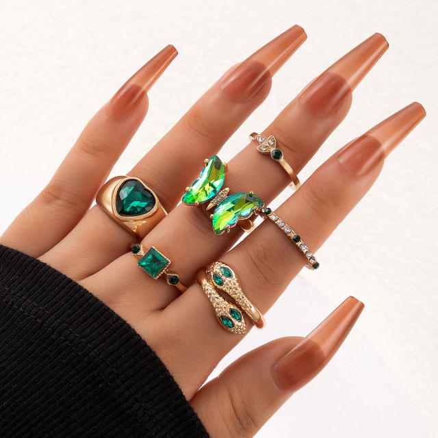 6pcs green color rhinestone butterfly stackable rings