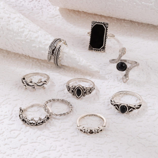 9pcs vintage silver color alloy stackable rings