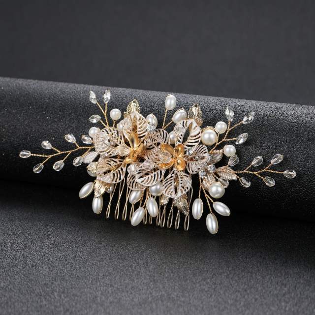 Elegant hollow metal flower pearl beads wedding hair combs