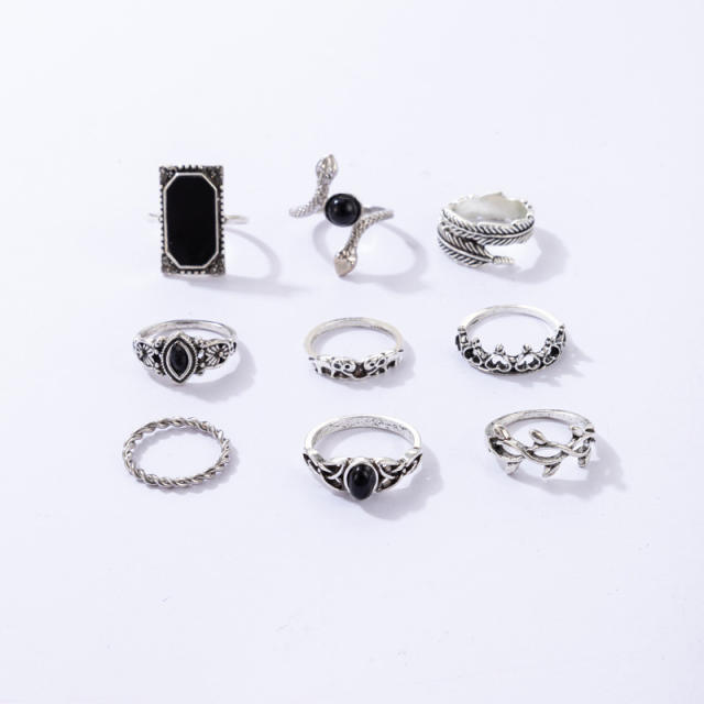 9pcs vintage silver color alloy stackable rings