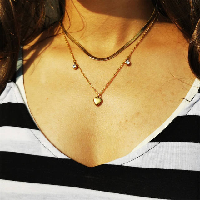 Korean fashion heart charm two layer stainless steel necklace