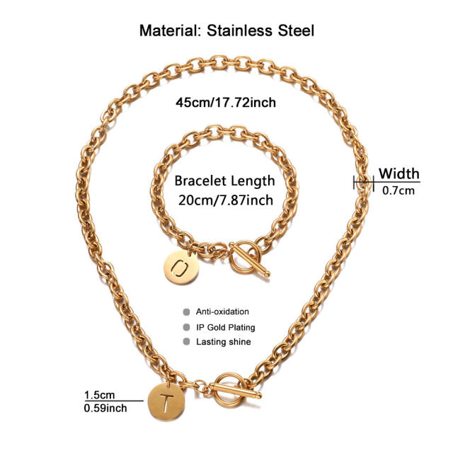 Initial coin charm stainless steel chain necklace bracelet