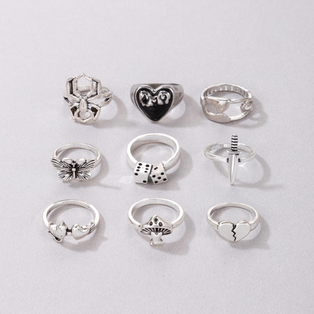 9pcs silver color alloy mushroom stackable rings