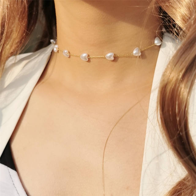 Dainty heart pearl stainless steel choker necklace