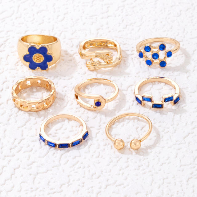 8pcs blue color enamel flower stackable rings