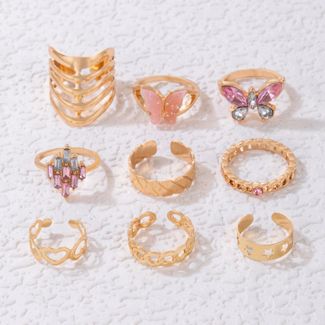 9pcs pink color rhinestone butterfly hollow stackable rings