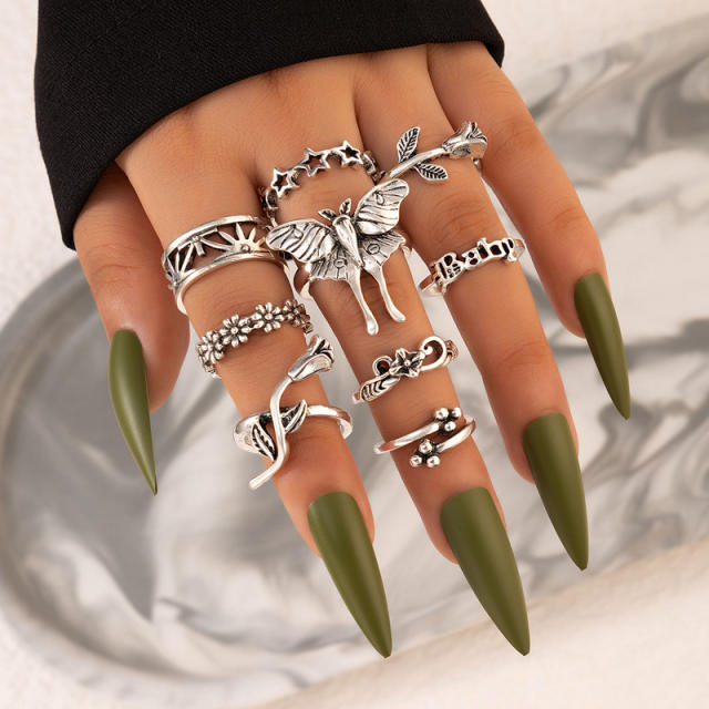 9pcs vintage silver color spider bat stackable rings