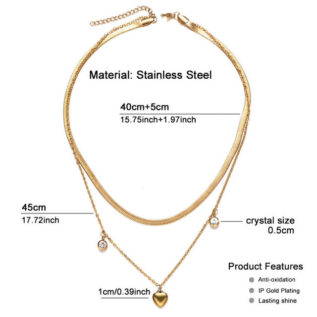 Korean fashion heart charm two layer stainless steel necklace