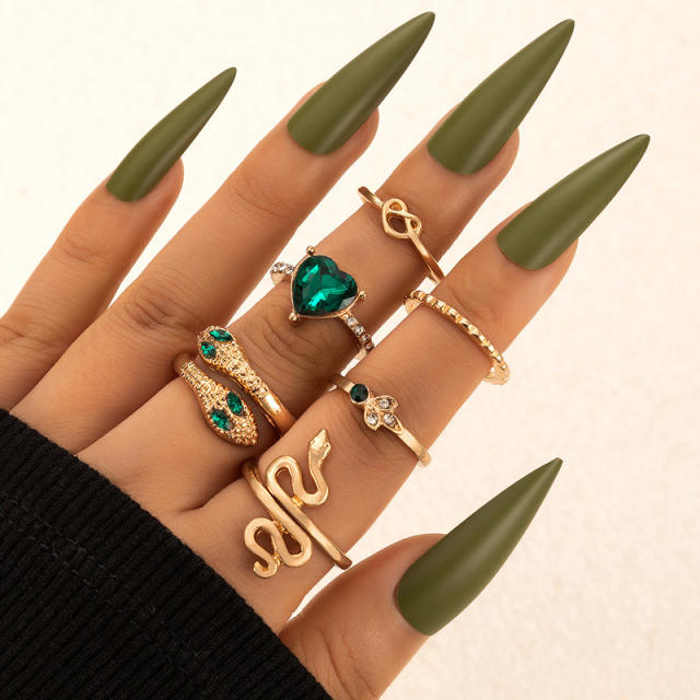 6pcs green rhinestone snake stackable rings