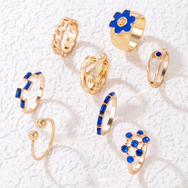 8pcs blue color enamel flower stackable rings