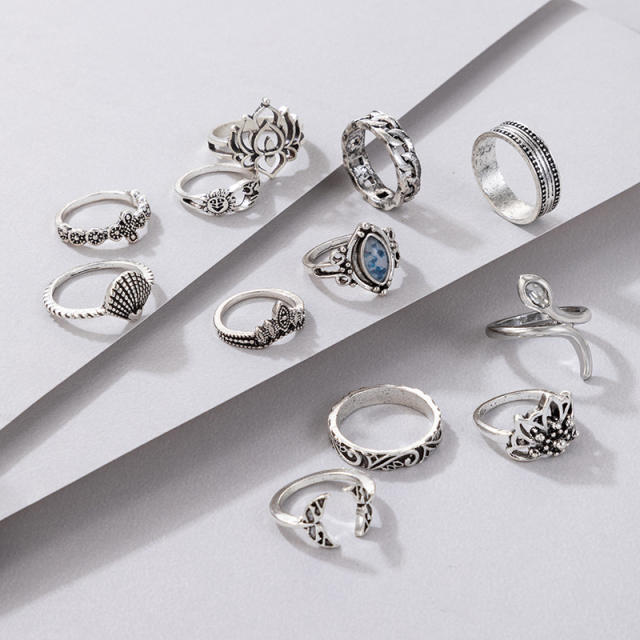 12pcs Vintage silver color alloy stackable rings