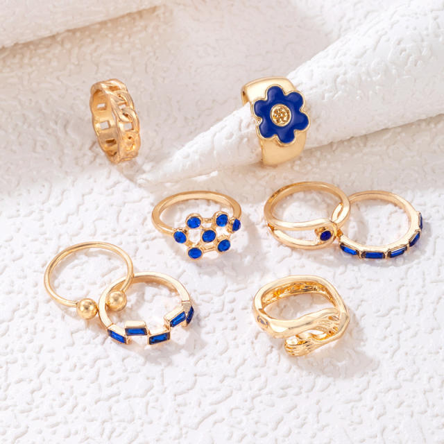 8pcs blue color enamel flower stackable rings