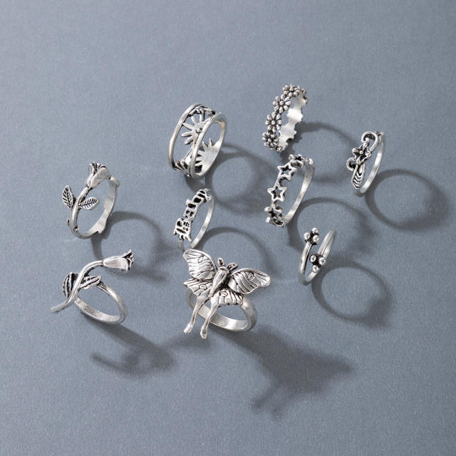 9pcs vintage silver color spider bat stackable rings