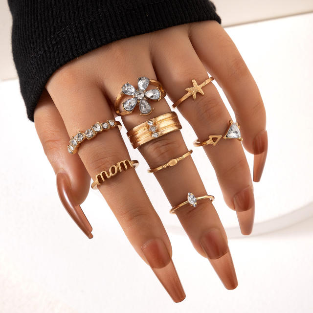 8pcs rhinestone flower alloy stackable rings