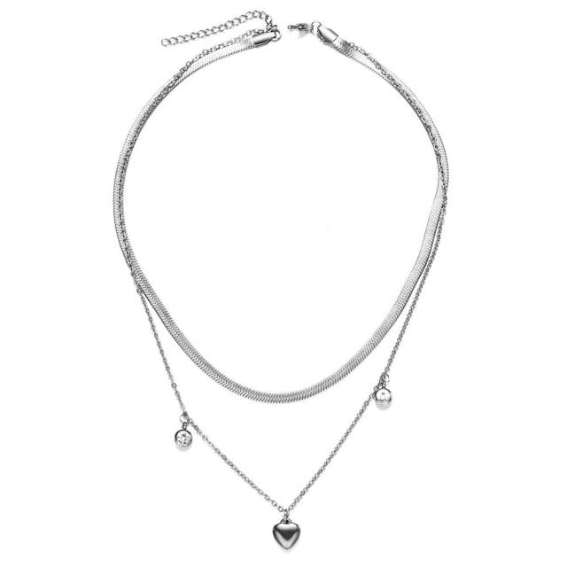 Korean fashion heart charm two layer stainless steel necklace