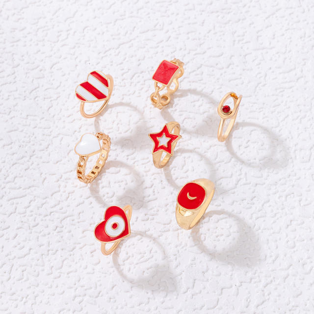 7pcs Red color enamel heart stackable rings
