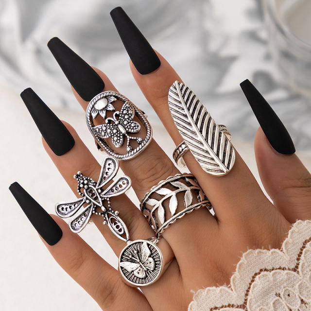 5pcs vintage silver leaf design alloy stackable rings