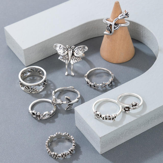 9pcs vintage silver color spider bat stackable rings