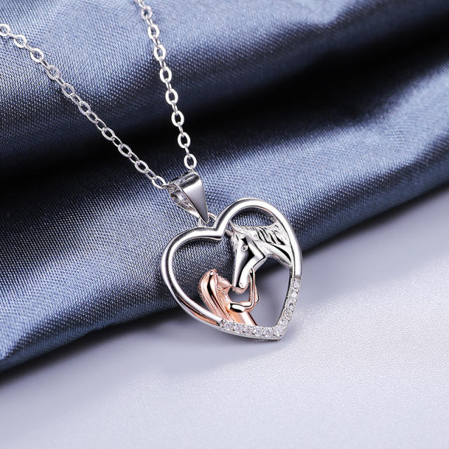 Sterling silver beauty and horse heart pendant necklace