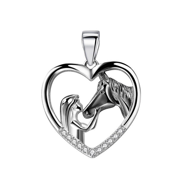 Sterling silver beauty and horse heart pendant necklace