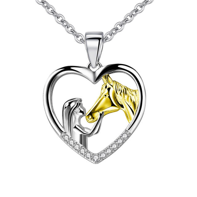 Sterling silver beauty and horse heart pendant necklace