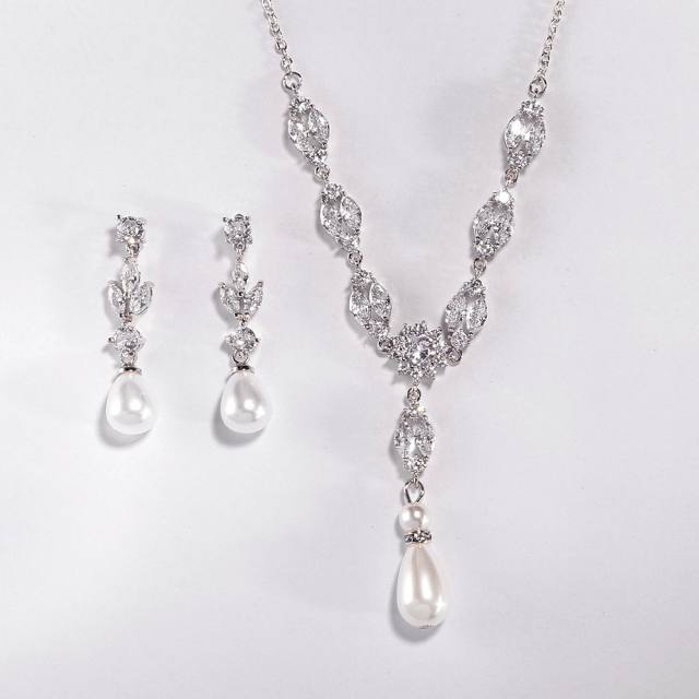 Chic design cubic zircon pearl drop copper necklace set