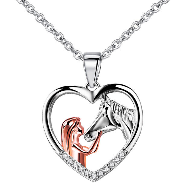 Sterling silver beauty and horse heart pendant necklace
