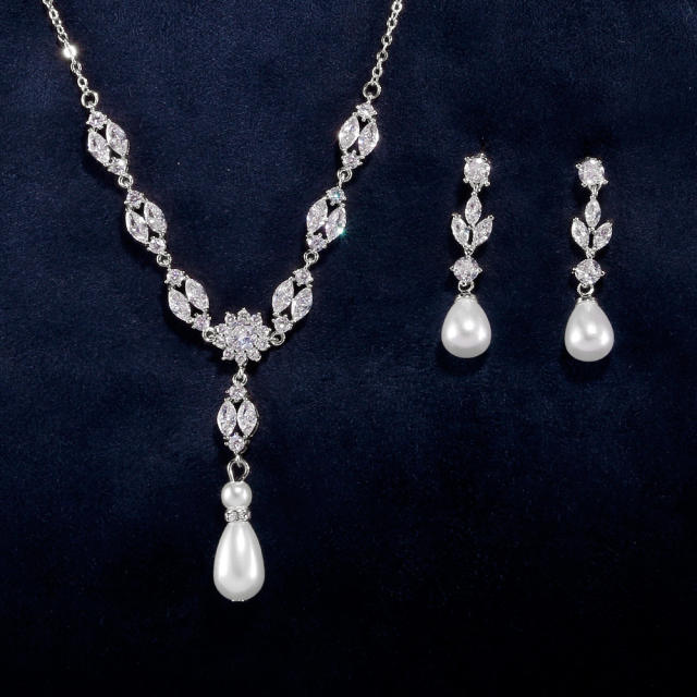Chic design cubic zircon pearl drop copper necklace set
