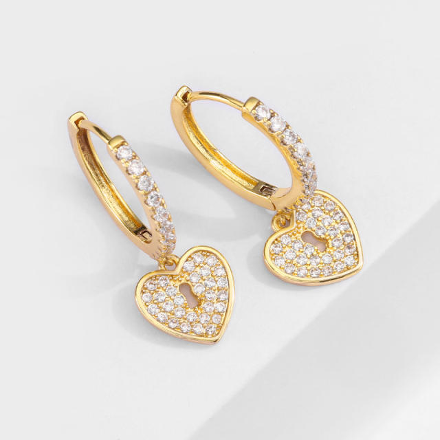 Delicate cubic zircon shiny heart lock copper huggie earrings(1pcs price)