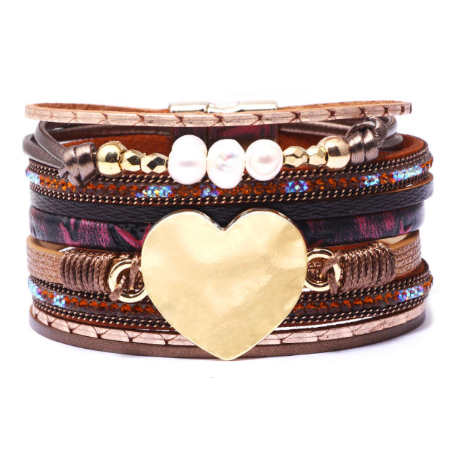 Boho alloy heart pearl beads pu leather magnetic buckle bangle