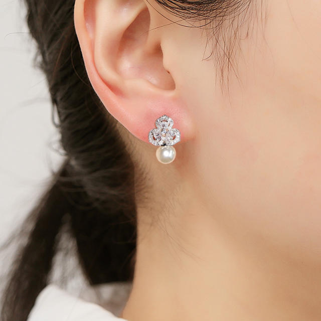 Sweet cubic zircon petal flower pearl studs earrings