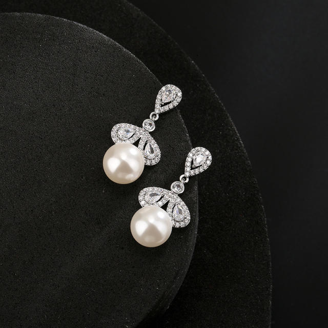 Delicate cubic zircon clover pearl earrings