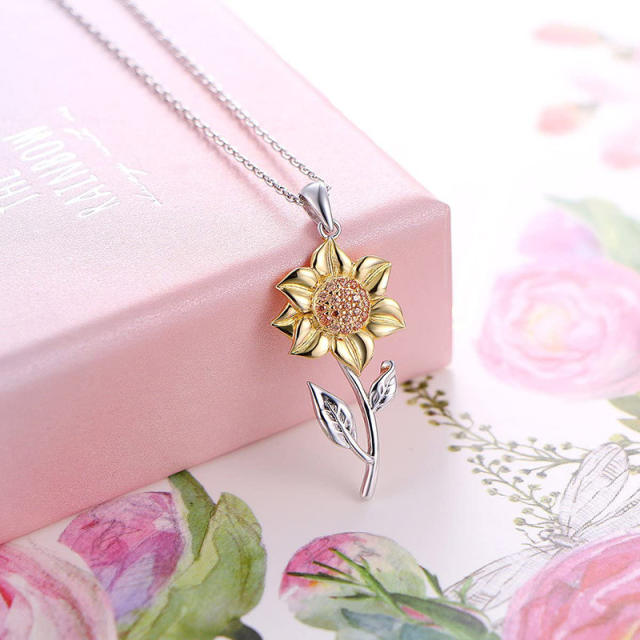 Sterling silver two color sunflower pendant necklace