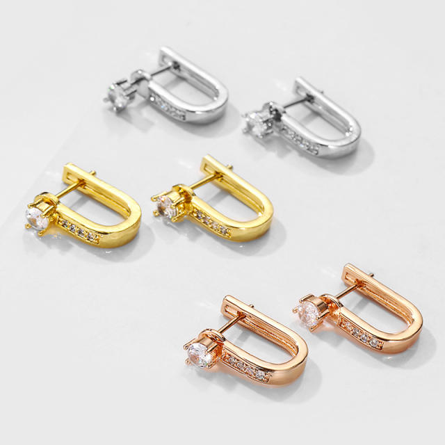 Hot sale u shape cubic zircon copper huggie earrings