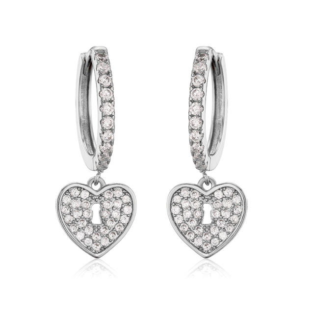 Delicate cubic zircon shiny heart lock copper huggie earrings(1pcs price)
