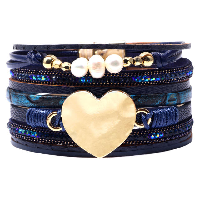 Boho alloy heart pearl beads pu leather magnetic buckle bangle